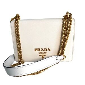 Prada Saffiano Lux Chain Flap Shoulder Bag in White with Gold Hardware